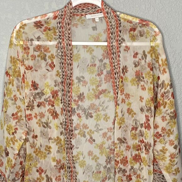 Olivaceous Off White Floral Print Tie Front Sheer Cardigan Size Small - Picture 2 of 5